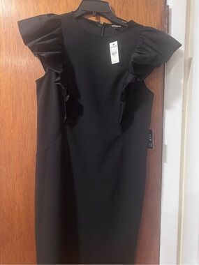 Express Black Midi Dress with Ruffle Cap Sleeves